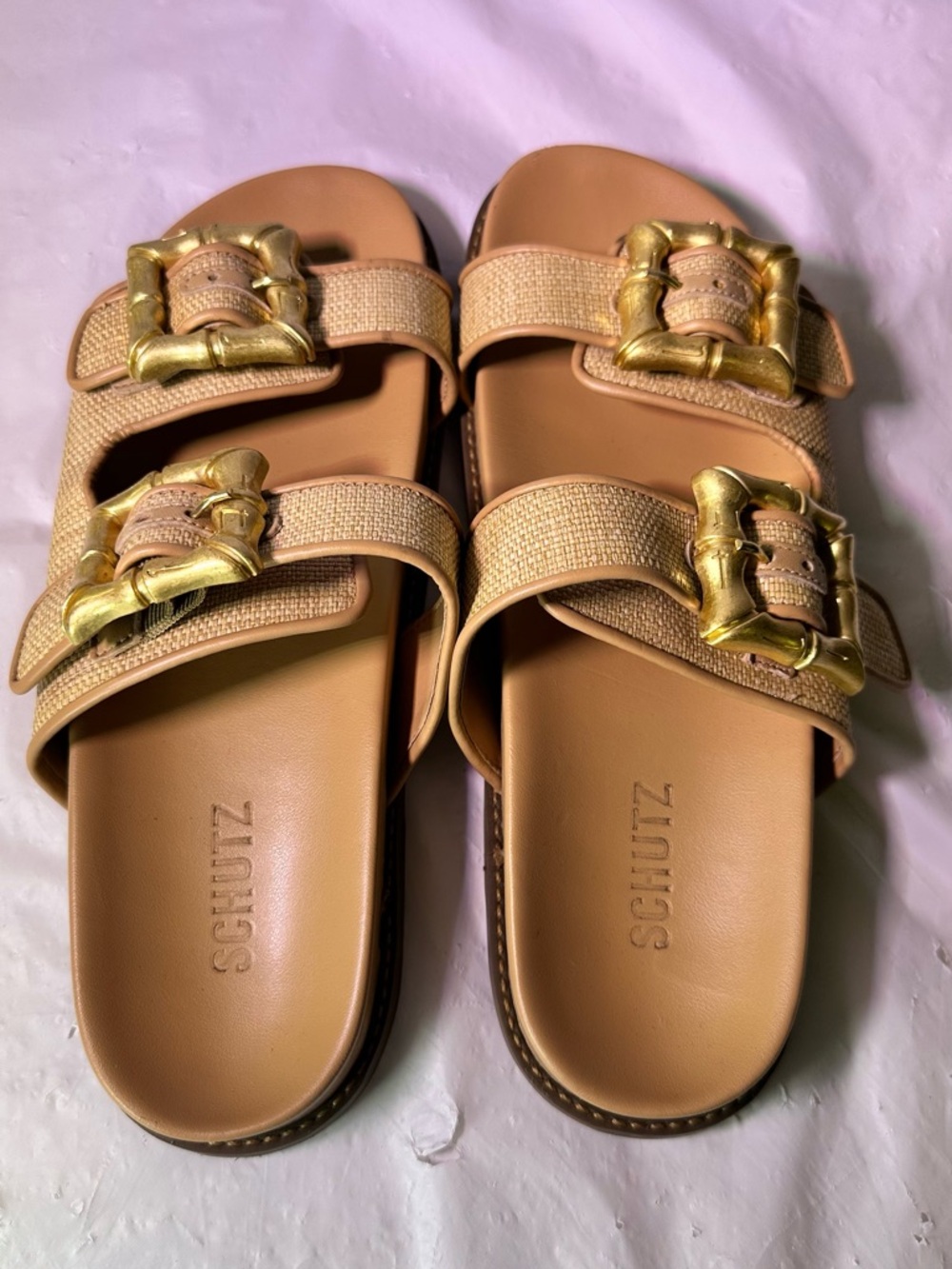 SCHUTZ Tan Slide Sandals with Gold Buckle Accents - Picture 8 of 11